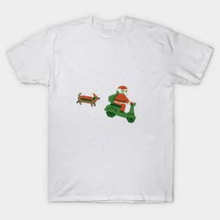 Dog elf and santa on bike T-Shirt